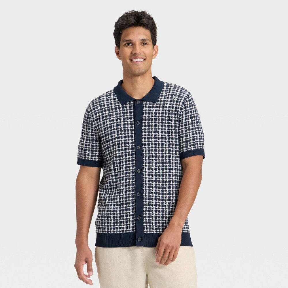 NEW Men's Short Sleeve Full Button Sweater - Goodfellow & Co™ Navy/Cream Large